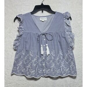 Isa & Ella Blue White Striped Eyelet Ruffle Tassel Babydoll Blouse Medium